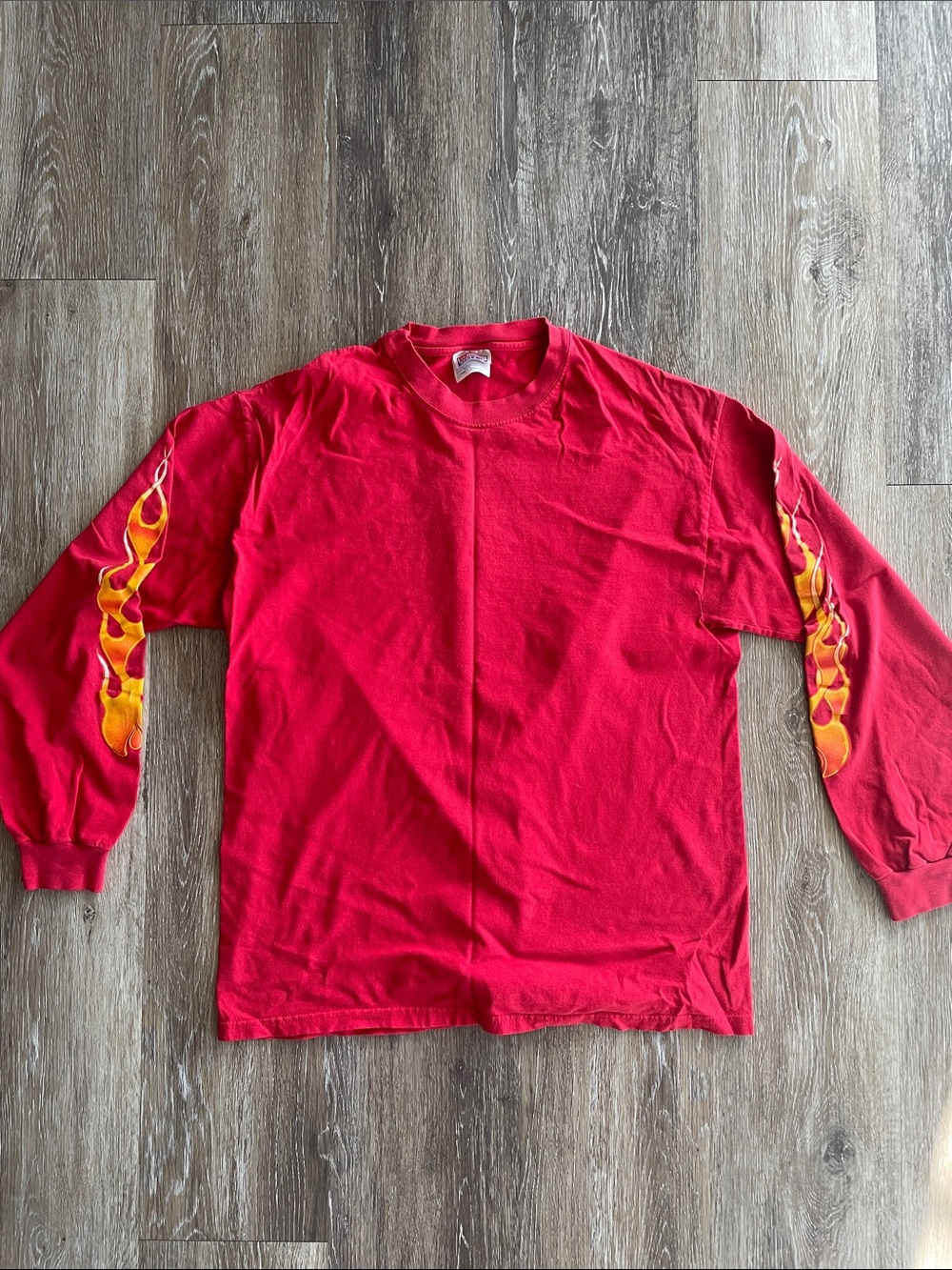 Vintage Red Long Sleeve Chopper Tee with Yellow-Orange Flame Sleeves